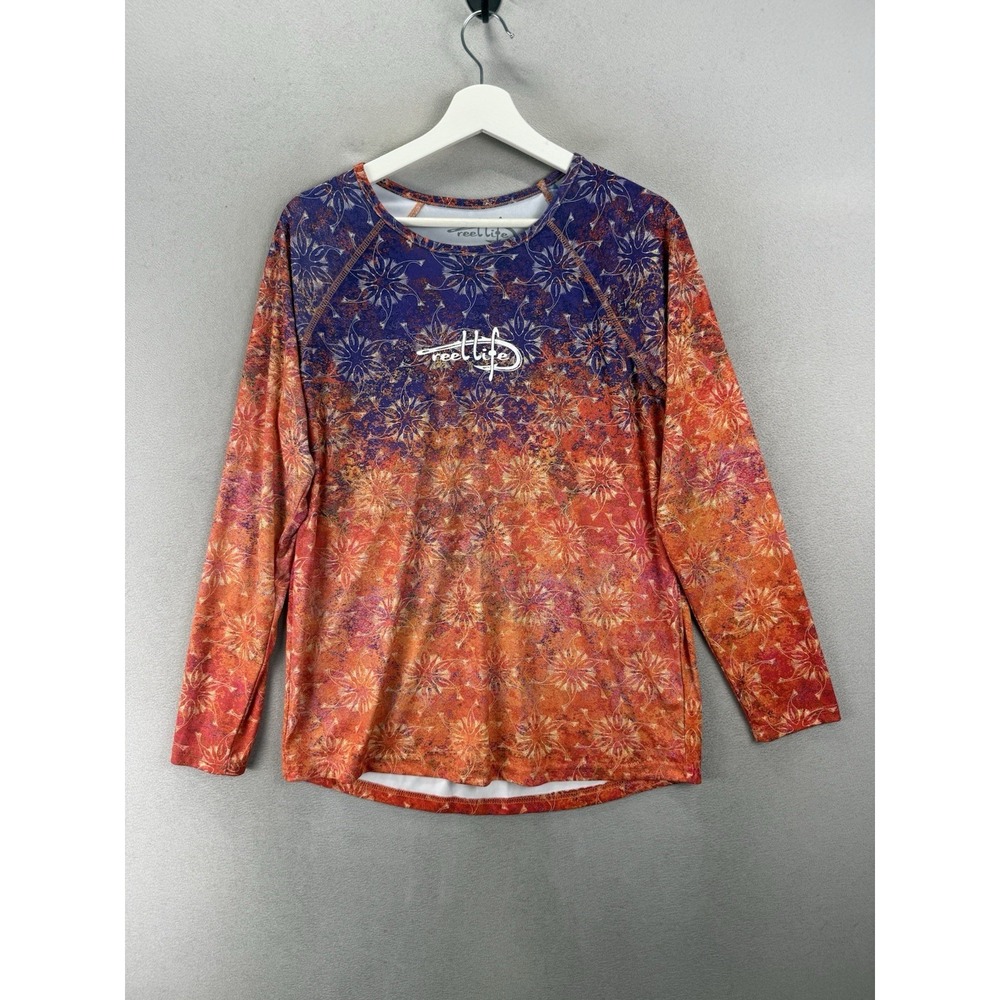 Reel Life Women's XL Performance Fishing Shirt UPF Long Sleeve Floral Orange EUC